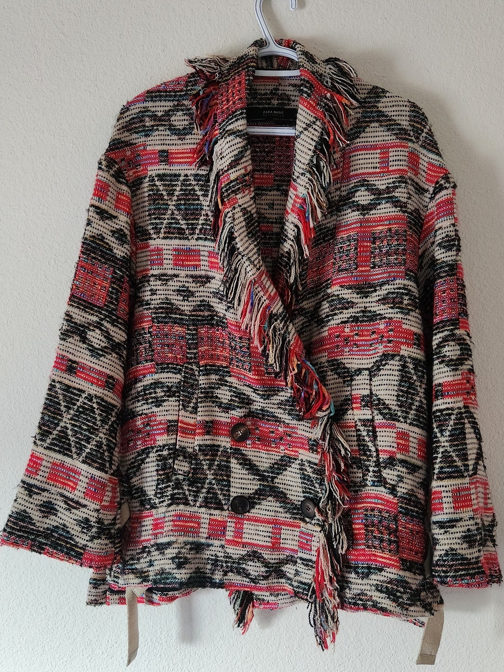 Zara Fringed Woven Blazer - Cream, Black & Pink